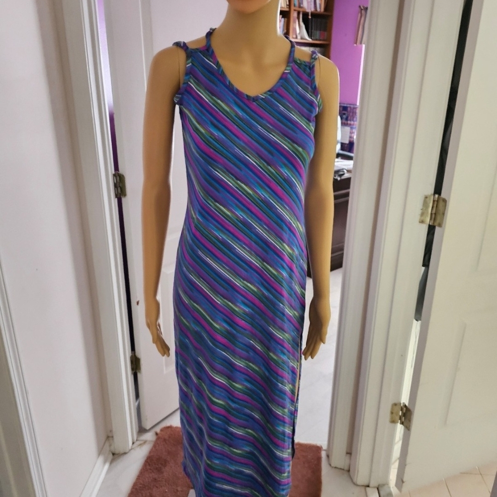 Sleeveless Striped Maxi Dress in Purple and Blue